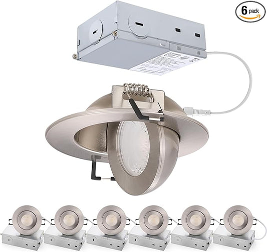 POPANU Brushed Nickel 3 inch Recessed LED Lights, 7W 5CCT Gimbal Artwork Soffit Lighting Fixture, 360° Rotatable Swivel Spot Lights, Canless Dimmable Eyeball 90° Tilt, AC120V Fisheye 6 Pack Nickel