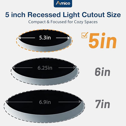 Amico 4 Pack 5 Inch 5CCT Ultra-Thin LED Canless Recessed Ceiling Light with Junction Box, 2700K/3000K/3500K/4000K/5000K Selectable, 11W=75W, 900LM High Brightness, Dimmable Wafer Downlight-ETL&FCC