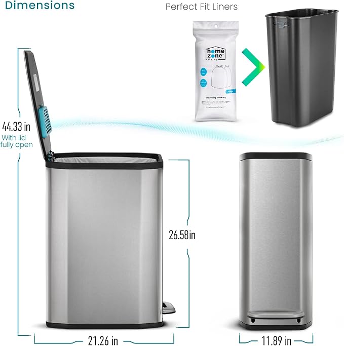 Home Zone Living 13 Gallon Slim Kitchen Trash Can with CleanAura Odor Control, Stainless Steel, Silver, 50 Liters