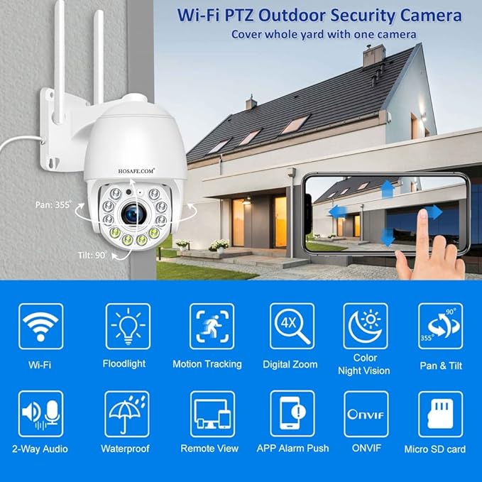 HOSAFE.COM Cameras for Home Security Outdoor WiFi, Plug-in 24/7 Video Surveillance System, Spotlight Color Night Vision, Human Motion Detection, PTZ Auto Tracking, Two Way Talk, Waterproof