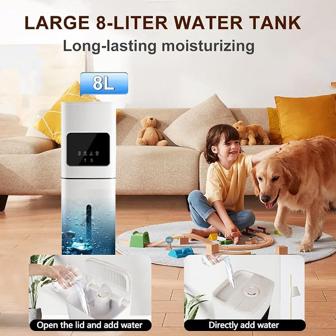 Smart White Humidifier, 2.1Gal/8L Large Capacity Cool Mist Humidifier with 3 Mist Levels, Auto Humidity Control, Timer & Auto Shut-Off, LED Panel & Remote, 360° Nozzle for Nursery, Office, Plants