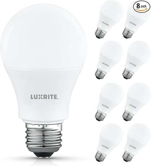 LUXRITE A19 LED Light Bulb 60 Watt Equivalent, Non Dimmable, CRI80, 2700K Warm White, 800LM, Standard LED Light Bulbs 8W, E26 Base, Enclosed Fixture Rated, Damp Rated, ETL Listed (8 Pack)