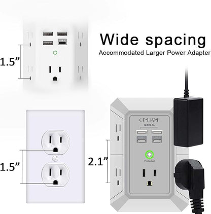 USB Wall Charger, Surge Protector, QINLIANF 5 Outlet Extender with 4 USB Charging Ports(2U2C) 3-Sided 1680J Power Strip Multi Plug Outlets Wall Adapter Spaced for Home Travel Office, Grey