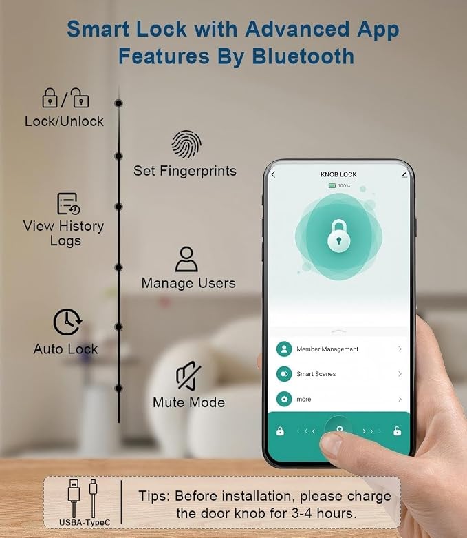 Door Knob with Lock,Keyless Entry Fingerprint Door Lock,Polished Silver | Smart Lock with Auto-Lock , App, Key, Fingerprint Door Locks with Keypad for Front Door, Apartment, Hotel, Interior, Exterior