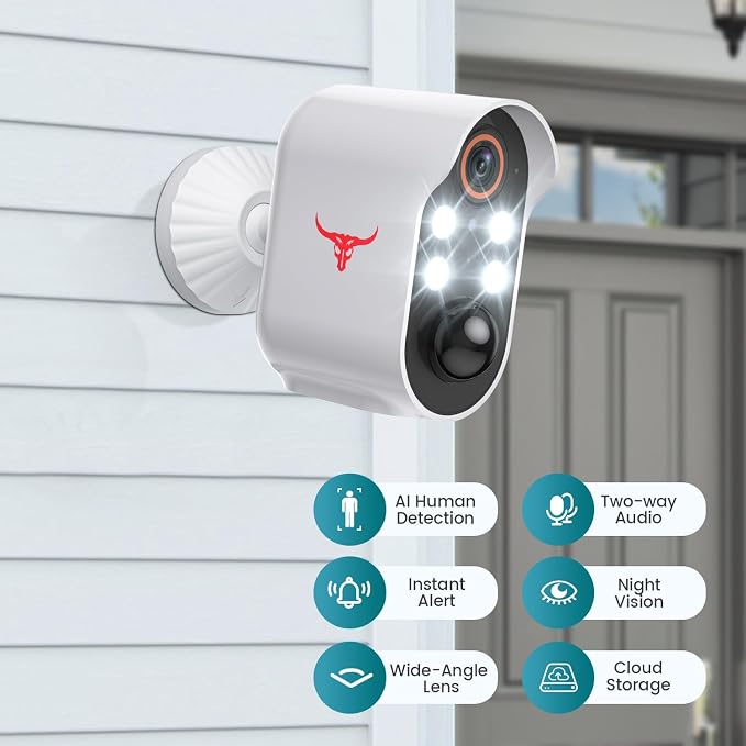 1080P Wireless Security Camera Outdoor, Battery Powered, AI Human Detection, Color Night Vision, 2-Way Audio, IP65 Waterproof, 2.4G Wi-Fi, Cloud Storage (4 spotlights)