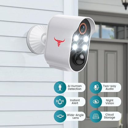 1080P Wireless Security Camera Outdoor, Battery Powered, AI Human Detection, Color Night Vision, 2-Way Audio, IP65 Waterproof, 2.4G Wi-Fi, Cloud Storage (4 spotlights)