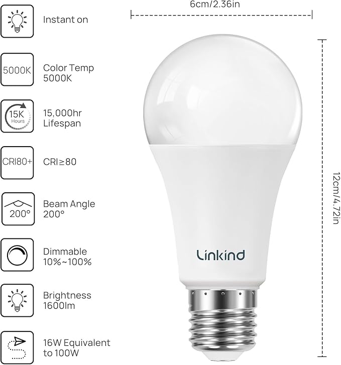 Linkind A19 LED Light Bulbs Dimmable, 100W Equivalent Light Bulbs, 16W, 5000K Daylight, 1600 Lumens LED Bulbs, E26 Standard Base, 120V, Lighting for Bedroom Living Room Home Office, 6 Packs