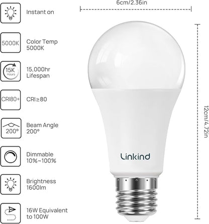Linkind A19 LED Light Bulbs Dimmable, 100W Equivalent Light Bulbs, 16W, 5000K Daylight, 1600 Lumens LED Bulbs, E26 Standard Base, 120V, Lighting for Bedroom Living Room Home Office, 6 Packs
