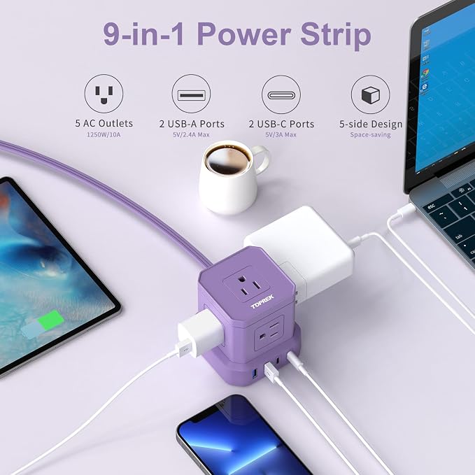 Power Strip with USB, 10 FT Flat Extension Cord with 5 Outlets, 2 USB-C & 2 USB-A, Compact Desk Charging Station for Home Office, Dorm, Hotel, Travel, 700J Surge Protection
