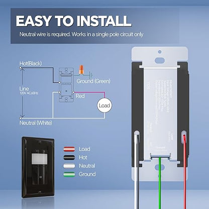 ECOELER Motion Sensor Dimmer Electrical Switch, in-wall Dimmer Light Switch with PIR Sensor and Timer, OCC & VAC Modes, Single Pole for CFL/LED Bulb, Wall Plate Included, Black