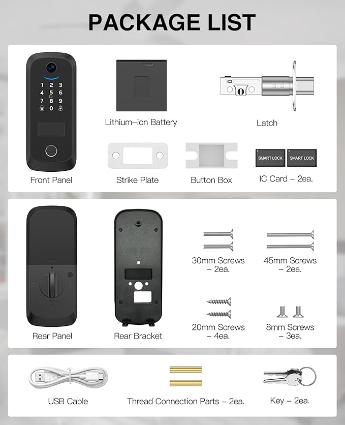 Video Smart Lock with Camera, Built-in Rechargeable Lithium Battery Entry Keyless Door Lock, App Control, Fingerprint ID, IC Card, Keypad Code, Auto Lock for Front Door (Black)