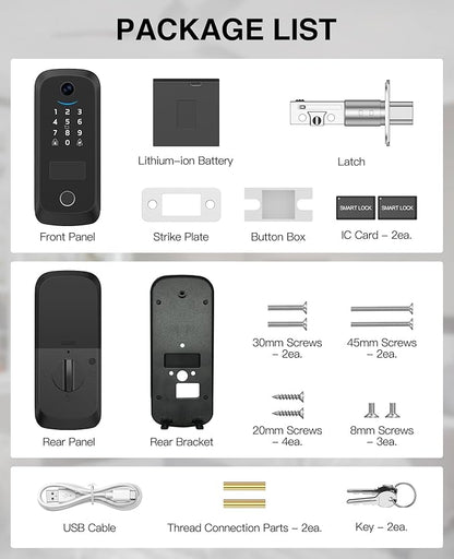 Video Smart Lock with Camera, Built-in Rechargeable Lithium Battery Entry Keyless Door Lock, App Control, Fingerprint ID, IC Card, Keypad Code, Auto Lock for Front Door (Black)