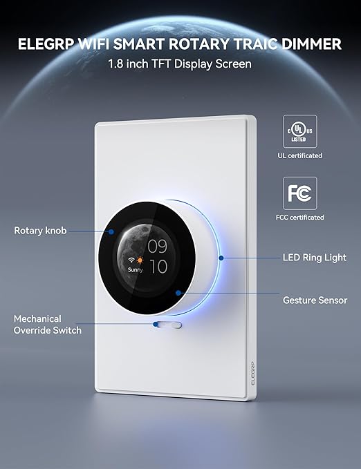 ELEGRP WiFi Smart Rotary Triac Dimmer with 1.8 inch TFT Display Screen, 3 Way, Needs Neutral Wire, 2.4GHz Wi-Fi, Compatible with Alexa and Google Home, No Hub Required, UL Listed, 1 Pack, White
