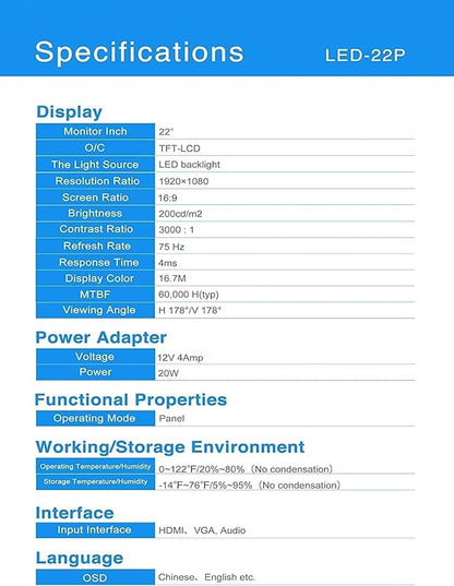 Real HD Security Camera Monitor Screen, 22 Inch 1080P Thin LED PC Monitor with HDMI VGA Built in Speaker Compatible with CCTV Security DVR NVR, Not Support Bluetooth and WiFi