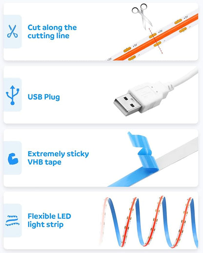 Aclorol COB LED Strip Light 5V USB 6.56FT/2M 640 LEDs Red LED Light Strip for Bedroom Flexible and Cuttble COB Tape Lights for Cabinet Display Home DIY Lighting Decoration CRI85+