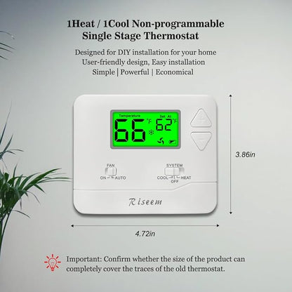 NonProgrammable Thermostat for House, Single-Stage Systems,Digital Energy-Saving Thermostat,1 Heat/1 Cool, Easy DIY Install，Green Backlight