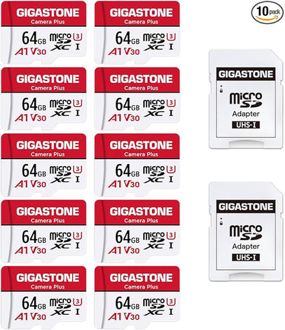 GIGASTONE 64GB Micro SD Card 10-Pack, Camera Plus, MicroSDXC Memory Card for Wyze Cam, Security Camera, Smartphone, Fire Tablet, 4K Video Recording, UHS-I U3 A1 V30, 95MB/s, with Adapter