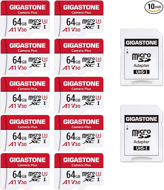 GIGASTONE 64GB Micro SD Card 10-Pack, Camera Plus, MicroSDXC Memory Card for Wyze Cam, Security Camera, Smartphone, Fire Tablet, 4K Video Recording, UHS-I U3 A1 V30, 95MB/s, with Adapter