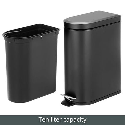 mDesign Small 2.6 Gallon/10 Liter Stainless Steel Metal Step Trash Can Garbage Bin for Bathroom, Bedroom, Home Office, D-Shape Trashcan with Foot Pedal/Lid, Removable Liner Bucket with Handles, Black