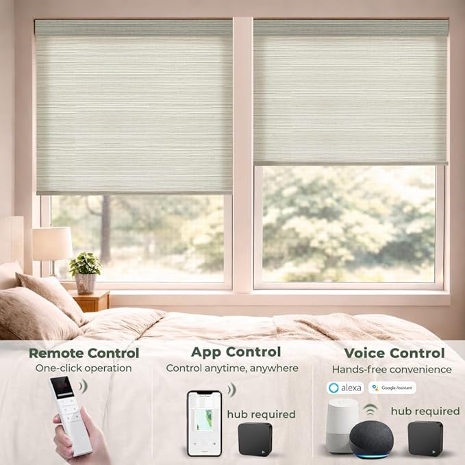 ZSHINE Motorized Linen-Look Roller Shades for Windows, Rechargeable Smart Light Filtering Blinds Compatible with Alexa (82190C)