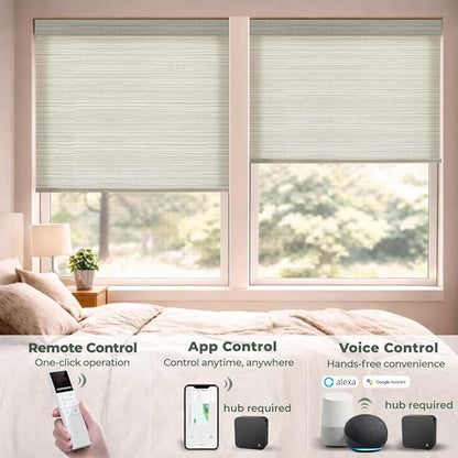 ZSHINE Motorized Linen-Look Roller Shades for Windows, Rechargeable Smart Light Filtering Blinds Compatible with Alexa (82190C)