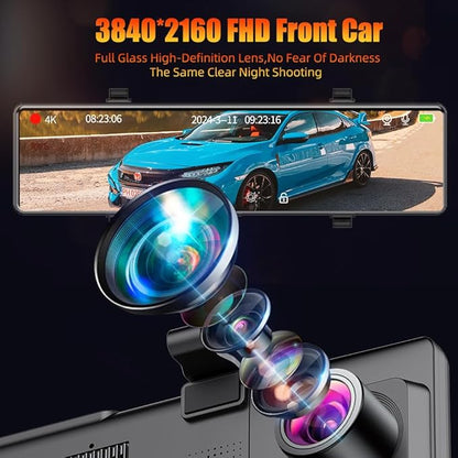 12" Mirror Dash Cam Front and Rear, 4K Dual Dashcam for Cars with Voice Control, WiFi ADAS&BSD&LCA, GPS, Reverse Assist, G-Sensor, 24 Parking Monitor, Free 64GB Card