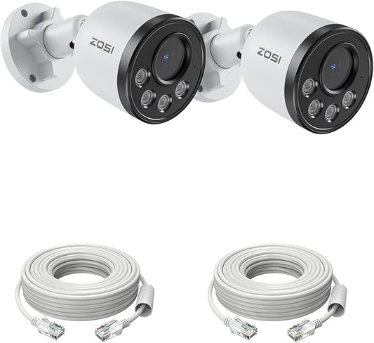 ZOSI 2PK 4MP Add-on Camera with Ethernet Cables,Outdoor PoE Security Camera with Audio,Night Vision,Smart Human Detection,IP66 Weatherproof,Remote Access,Only Work PoE NVR System