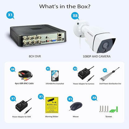 8CH Home Wired Security Camera System with 1TB Hard Drive, 8Channel 5MP H.265+ 5-in-1 DVR System, 8 x 1080p Metal Weatherproof Surveillance Wired Cams, 80ft Night Vision, Remote Access