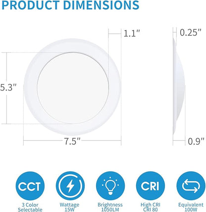 ECOELER 6inch LED Disk Light, 3000K/4000K/5000K Selectable Ceiling Light Fixture, 16.5W 1000Lm, Low Profile Flush Mount Ceiling Light Install with J-Box or Recessed Can, ETL & FCC Listed, 10 Pack