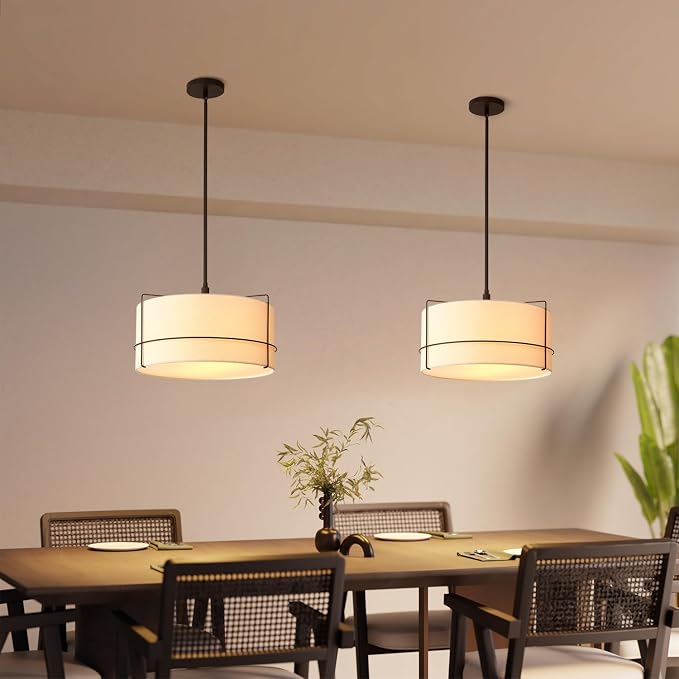 Globe Electric 2-Light Pendant Light, Off-White Fabric Shade with Matte Black Frame & Etched Acrylic Plate, Coastal or Updated Traditional Lighting for Dining Room or Bedroom