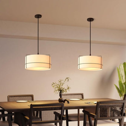 Globe Electric 2-Light Pendant Light, Off-White Fabric Shade with Matte Black Frame & Etched Acrylic Plate, Coastal or Updated Traditional Lighting for Dining Room or Bedroom