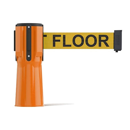 Trafford Industrial 11 Ft. Cone-Mounted Retractable Belt Barrier Orange Case with Yellow"Caution - Wet Floor" Black Letters Belt