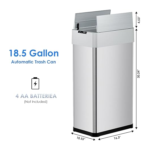Automatic Trash Can, 18.5 Gallon Touchless Motion Sensor Trash Bin, Smart Garbage Can with Soft-Close Lid, Bag Retainer Ring and Display Light,for Kitchen,Living Room Office (Silver, 70L)