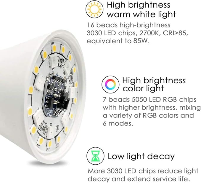 Yangcsl LED Light Bulb 85W Equivalent, RGB Color Changing Light Bulb, 6 Moods - Memory - Sync - Dimmable, A19 E26 Screw Base, Timing Remote Control Included (Pack of 2)