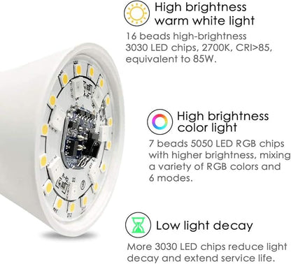 Yangcsl LED Light Bulb 85W Equivalent, RGB Color Changing Light Bulb, 6 Moods - Memory - Sync - Dimmable, A19 E26 Screw Base, Timing Remote Control Included (Pack of 2)