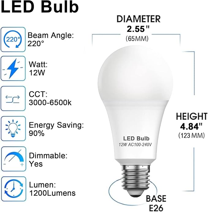 【Upgraded】luckystyle LED Light Bulbs with Remote Control,E26 Light Bulbs Dimmable 3000k-6500k,Led Bulbs 12W Energy Efficient,Cordless Light Bulb for Lamp Lighting for Bedroom Living Room Office,Timer