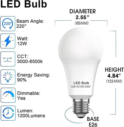 【Upgraded】luckystyle LED Light Bulbs with Remote Control,E26 Light Bulbs Dimmable 3000k-6500k,Led Bulbs 12W Energy Efficient,Cordless Light Bulb for Lamp Lighting for Bedroom Living Room Office,Timer