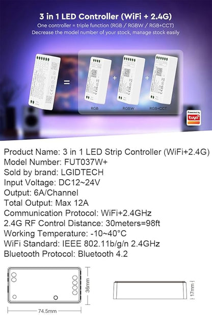 LGIDTECH FUT037W+ Miboxer 3 in 1 LED Strip Light Controller DC12-24V,Smartphone APP Control Directly,Compatible with Amazon Echo Alexa Google Home Voice Control