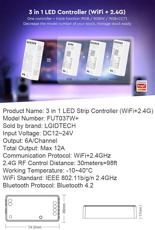 LGIDTECH FUT037W+ Miboxer 3 in 1 LED Strip Light Controller DC12-24V,Smartphone APP Control Directly,Compatible with Amazon Echo Alexa Google Home Voice Control