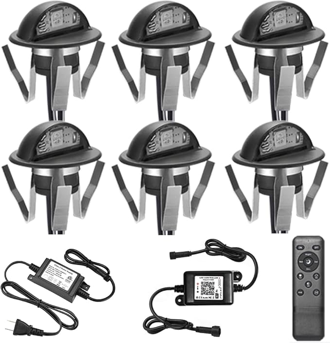 Sumaote WiFi Deck Lights Kit, 6pcs Φ1.38 RGB Half Moon Low Voltage Recessed Deck Lights Smartphone APP Control LED Steps Lighting Waterproof Outdoor Yard Path Stair Landscape Decor, Black