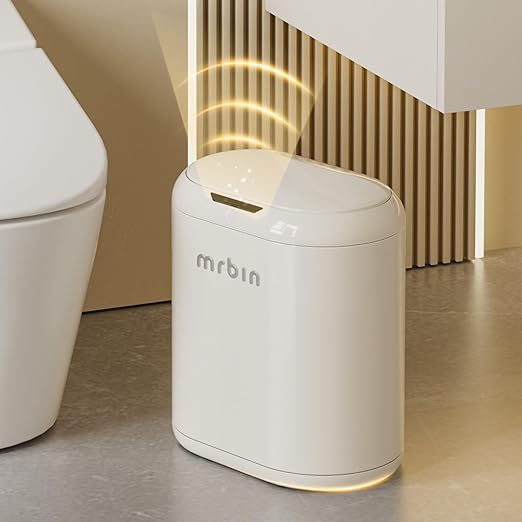 MRBIN Trash Can for Bathroom, Automatic Touchless Garbage Bin with Lid,3.43 Gallon for Office and Kitchen, Electric Motion Sensor Bedroom Bin, Cream White, MACE0102