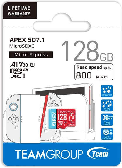 TEAMGROUP APEX 128GB microSD Express Card, microSDXC Memory Card U3 A1 V30 R/W up to 800/700 MB/s, for Nintendo Switch2, UHS-I Compatible, with Adapter TAPMSDE128GIV30A102