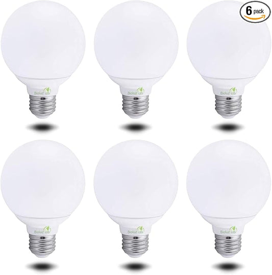 Bioluz LED G25 Globe Vanity Light Bulbs, 60W Equivalent, 2700K Warm White, 90 CRI, 450 Lumens, Dimmable, E26 Base – Bathroom Mirror Lighting 6 Pack
