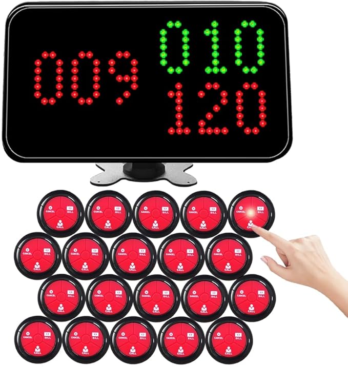 Wireless Calling System Call Waiter Pager 3 Digit Number Pagers for Restaurant Fast Food Cafe 1 Displays and 20 Table Call Button with Call/Bill/Cancel (Black-red 1+20)