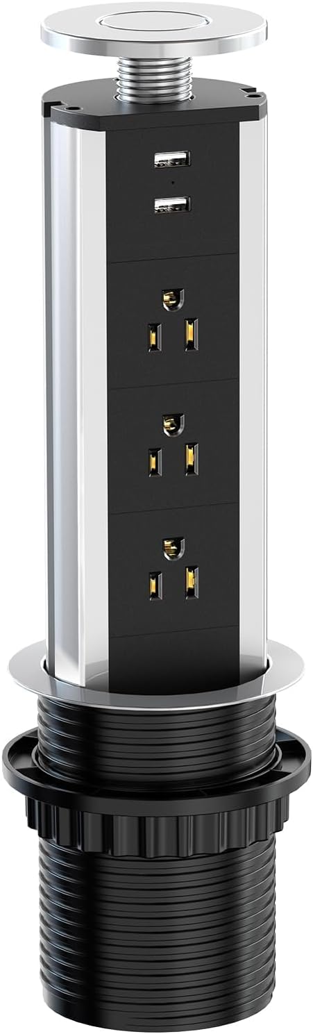 Pop up Outlet for Countertop, 3 AC Outlets & 2 USB-A, 3-1/4 Inch Silver