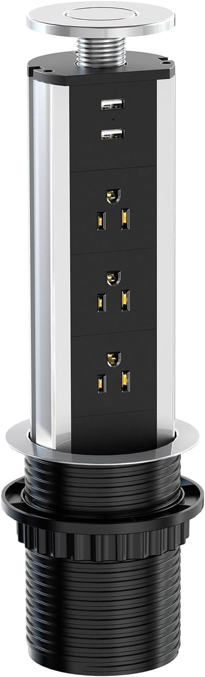 Pop up Outlet for Countertop, 3 AC Outlets & 2 USB-A, 3-1/4 Inch Silver