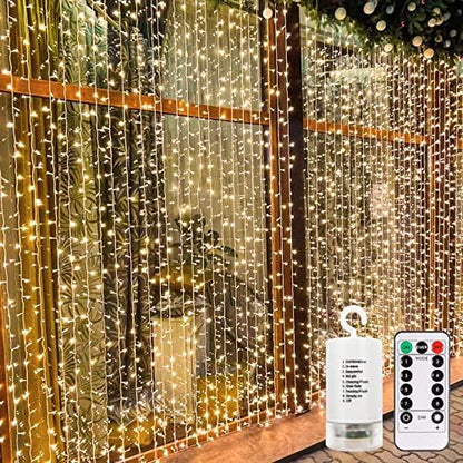 echosari 9.8ft×9.8ft Curtain Lights Battery Operated with Remote Warm White