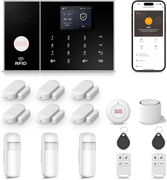 LWOHSI Alarm System for Home Security,WiFi+GSM 4G Wireless Alarm System with Phone APP Alert,Door/Window Sensor,Remote,Compatible with Alexa and Google for Home,Apartment,Office (A108F-US-D)
