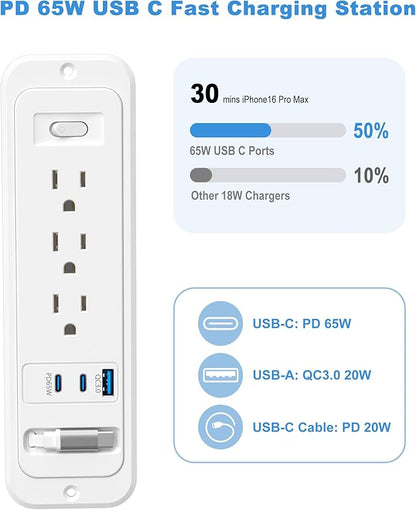 Recessed Power Strip with Retractable USB C Cable,2 PD 65W USB C Fast Charging,Flush Mount Countertop Drawer Outlet, Furniture Hidden Outlet for Side Table,End Table,3 Outlets (White, 6FT-65W)