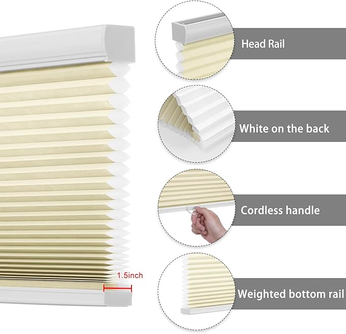 Changshade Custom Size Cellular Window Blinds Cordless, Light Filtering Pleated Honeycomb Shades, 1.5 inch Single Cell Cellular Shades for Bedroom, Bathroom, French Door, Beige, JZCMC-CEL-BG-D